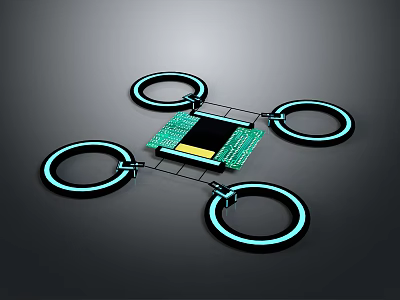 Modern Technological Device With Four Glowing Rings And Circuit Board Core 3d model