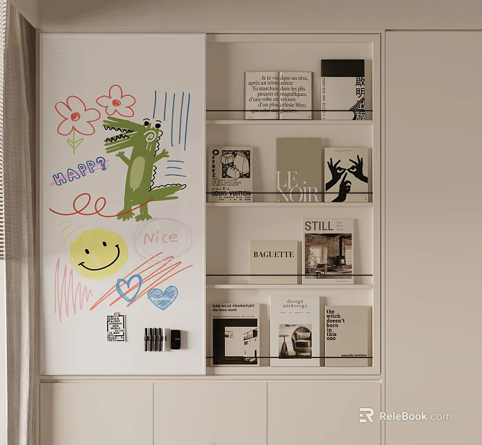 Bookshelf With Books Decorations And Whiteboard Featuring Hand Drawn Crocodile Flower Smiley Hearts 3d model 