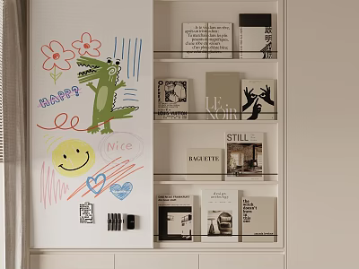 Bookshelf With Books Decorations And Whiteboard Featuring Hand Drawn Crocodile Flower Smiley Hearts 3d model
