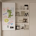 Bookshelf With Books Decorations And Whiteboard Featuring Hand Drawn Crocodile Flower Smiley Hearts