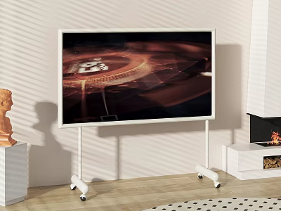 White Rolling Storage Shelf Unit In Modern Interior With Fireplace And Sculpture 3d model