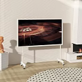 White Rolling Storage Shelf Unit In Modern Interior With Fireplace And Sculpture
