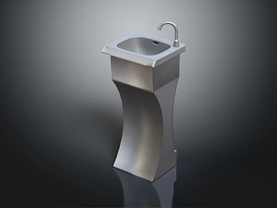 Modern Stainless Steel Pedestal Sink With Curved Base Square Basin And Faucet Design 3d model