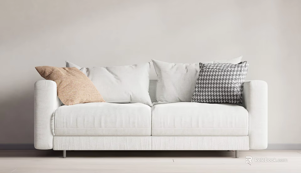 White Upholstered Two Seater Sofa With Beige Plain White And Houndstooth Pattern Cushions 3d model 