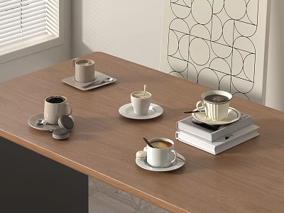 Coffee Cups On White Saucers Over Wooden Table With Stack Of Books And Geometric Art 3d model