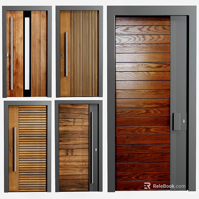 Modern Wooden Hinged Doors Designs With Various Panel Styles And Metal Handles 3d model 