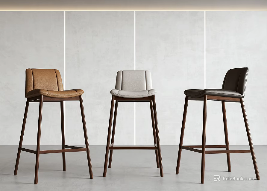 Modern Minimalist Bar Stools With Brown White Black Leather Seats And Wooden Legs 3d model 