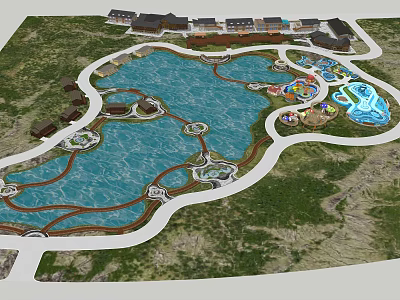 Waterfront Landscape Design With Curved Ponds Walkways Green Spaces and Buildings 3d model