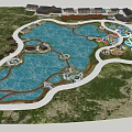 Waterfront Landscape Design With Curved Ponds Walkways Green Spaces and Buildings