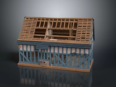 Timber Frame Building Model Featuring Exposed Roof Trusses Blue Framework And Windows 3d model