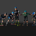 Men Posing In Rollerblading Gear With Blue Helmets On Smooth Shiny Floor