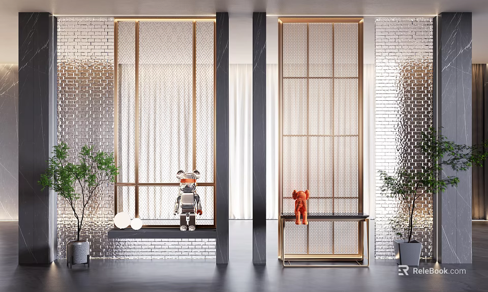 Modern Golden Grid Room Divider With Metal Frame And Decorative Plants 3d model 