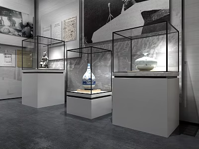 Glass Display Cabinets Showcasing Blue And White Vase And White Porcelain Vessel In Exhibition Space 3d model