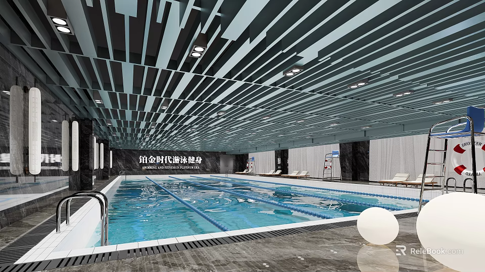 Indoor Swimming Pool With Modern Striped Ceiling And Lounge Chairs For Fitness 3d model 