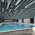 Indoor Swimming Pool With Modern Striped Ceiling And Lounge Chairs For Fitness