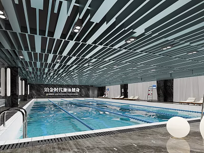 Indoor Swimming Pool With Modern Striped Ceiling And Lounge Chairs For Fitness 3d model