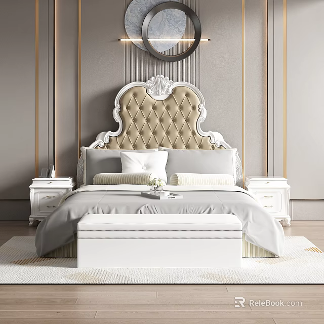 Elegant Classic Bedroom Interior Design With Beige Quilted Headboard White Bench And Light Gray Walls 3d model 