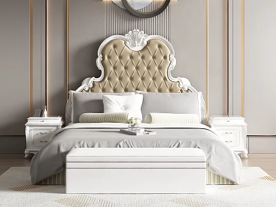Elegant Classic Bedroom Interior Design With Beige Quilted Headboard White Bench And Light Gray Walls 3d model