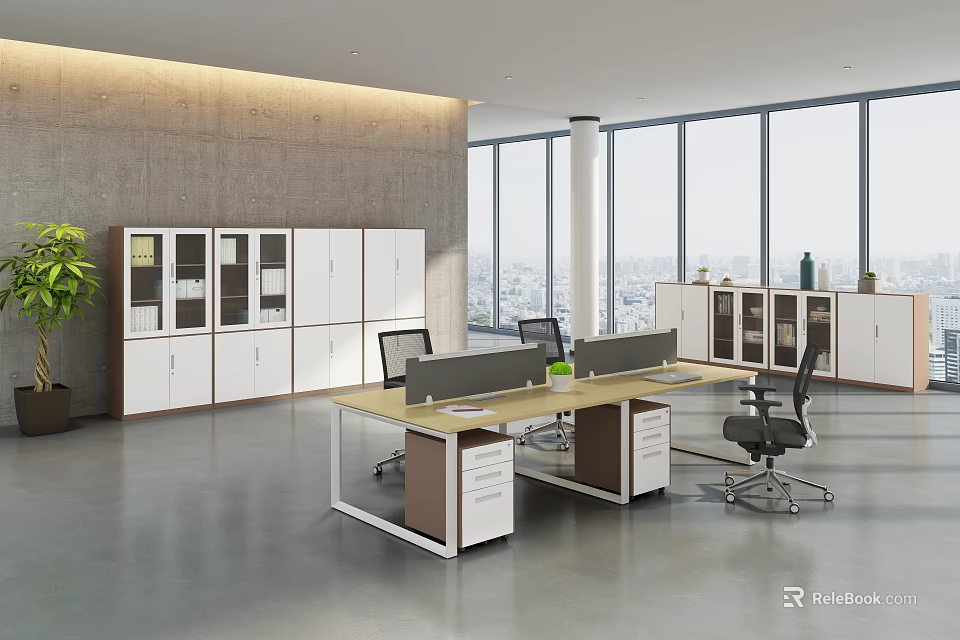 Modern Office Interior Design With Open Layout Large Windows Workstations Storage Cabinets And Green Plants 3d model
