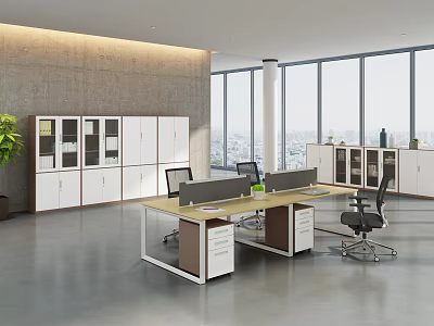 Modern Office Interior Design With Open Layout Large Windows Workstations Storage Cabinets And Green Plants 3d model