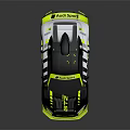 Sleek Black White Yellow Race Car Featuring Aerodynamic Design And Rear Spoiler