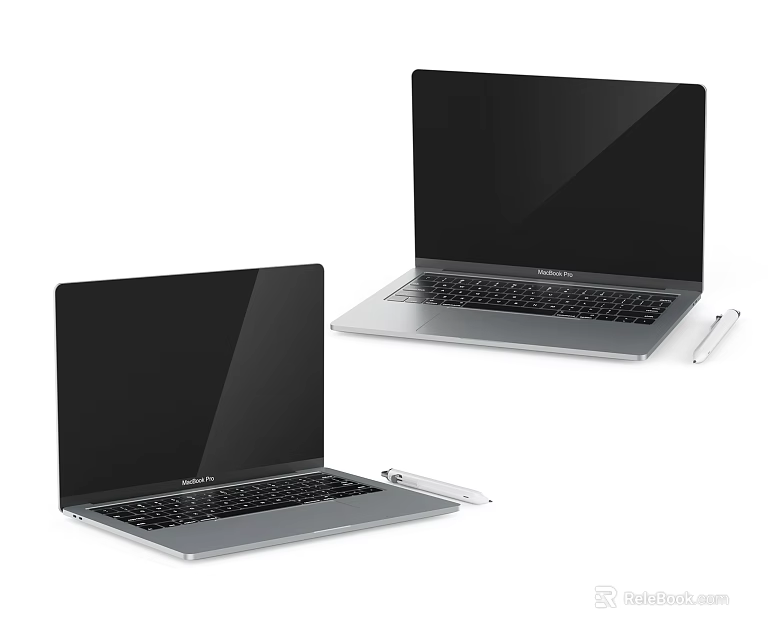 Two Silver Laptops with Black Screens and Pens Beside Each 3d model 