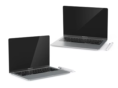 Two Silver Laptops with Black Screens and Pens Beside Each 3d model