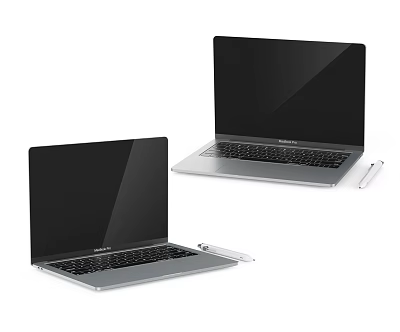 Two Silver Laptops with Black Screens and Pens Beside Each 3d model