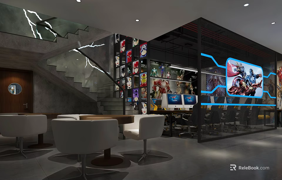 Modern Cyber Cafe With Open Layout Staircase Game Posters Computers White Chairs And Dark Decor 3d model 