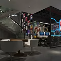 Modern Cyber Cafe With Open Layout Staircase Game Posters Computers White Chairs And Dark Decor