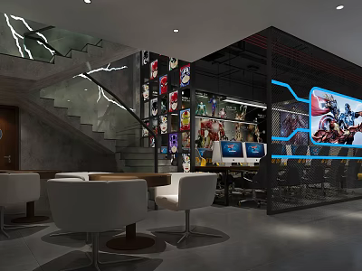 Modern Cyber Cafe With Open Layout Staircase Game Posters Computers White Chairs And Dark Decor 3d model