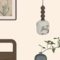 Bedroom Pendant Light With White Lampshade Wooden Bedhead Side Orchid Painting And Blue Vase Plant
