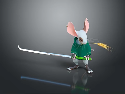 Anthropomorphic Mouse Wearing Green Outfit Holding Sword And Wheat Ear 3d model