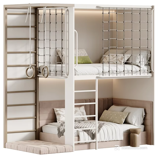 Modern Playful Children Bunk Bed With Safety Net Climbing Ladder And Cozy Bedding Set 3d model 