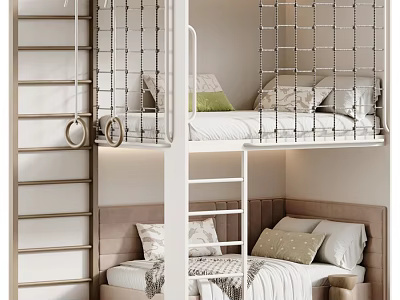 Modern Playful Children Bunk Bed With Safety Net Climbing Ladder And Cozy Bedding Set 3d model