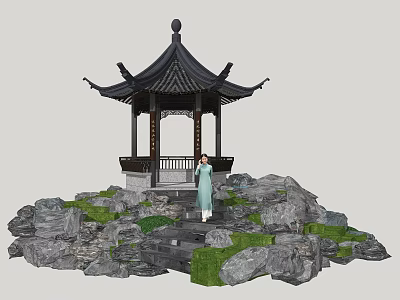 Chinese-style Pavilion Surrounded by Rockery Stones Green Plants and Stone Steps with Traditional Clothing Person 3d model