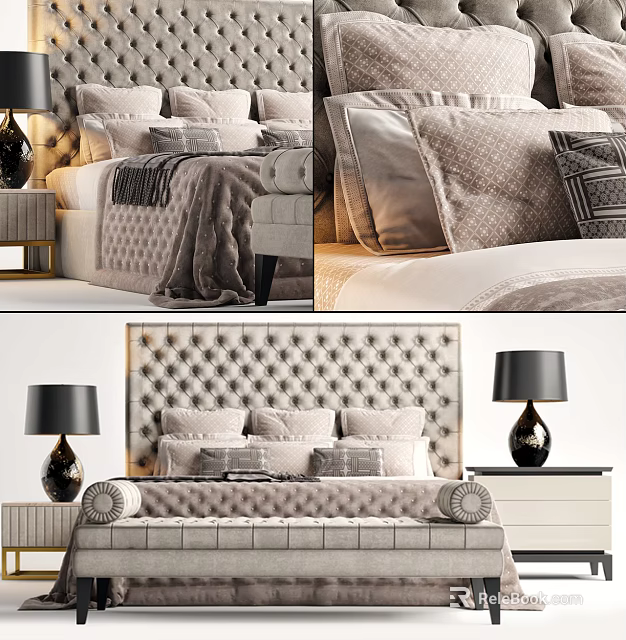 Luxurious Double Bed With Tufted Headboard Plush Pillows And Stylish Nightstands 3d model 