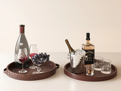 Elegant Wine Whiskey Champagne Bottles With Wine Glasses On Brown Trays Ice Bucket And Grapes 3d model