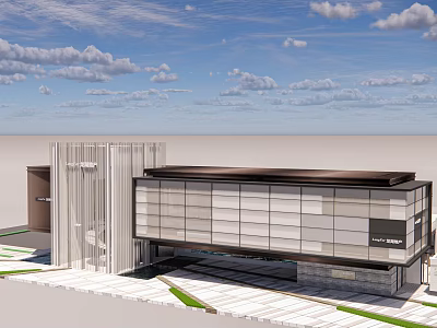 Modern Sales Office Building With Glass Curtain Wall And Geometric Roof Design 3d model