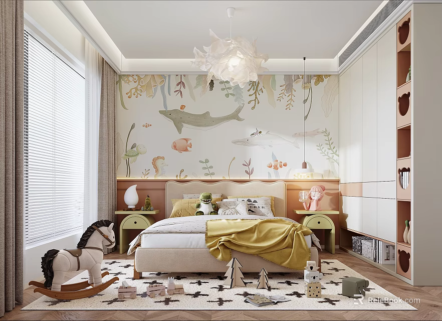 Whimsical Children's Room Interior With Ocean Creature Mural Bed Rocking Horse And Soft Rug 3d model 
