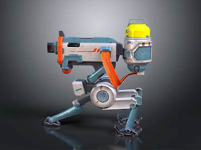 Futuristic Robot Character With Yellow Head Mechanical Legs And Blue Orange Parts Design 3d model