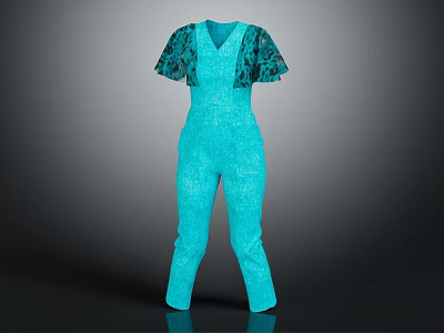 Turquoise Short Sleeved Jumpsuit With Patterned Sleeves And Modern Design 3d model