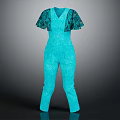 Turquoise Short Sleeved Jumpsuit With Patterned Sleeves And Modern Design