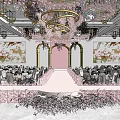 Elegant Banquet Hall With Golden Chandeliers Pink Floral Arrangements Drapes And Tables