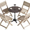 Wooden Round Dining Table and Four Woven Chairs Set Featuring Cups on Table