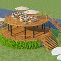 Circular Wooden Deck Road Facilities With Spiral Staircase Railing Lawn Sun Umbrellas And Loungers