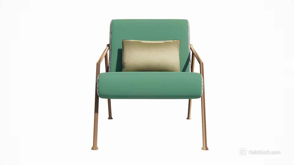 Upholstered Green Table and Chair Set with Beige Cushion Armrests and Golden Legs 3d model 