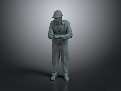 3D Construction Worker Model in Safety Helmet Standing with Crossed Arms on Gray Background 3d model