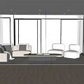 Modern Living Room Sofa Coffee Table Set With White Sofa Gray Armchairs Outdoor Greenery View