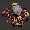 Futuristic Fantasy Character With Red Yellow Armor Intricate Ornaments White Headdress In Kneeling Pose